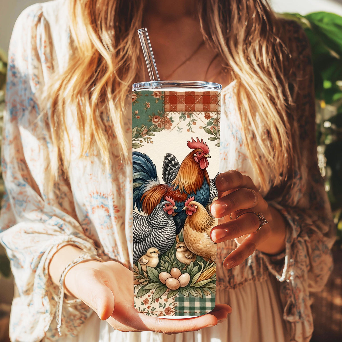Chicken Tumbler, Rooster Hen Patchwork Quilt, 20 Oz Skinny Gift