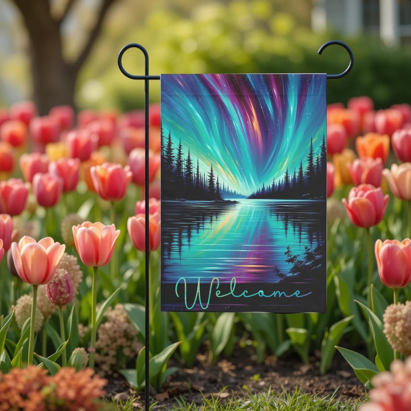 Northern Lights Garden Flag - Aurora Borealis Lake Reflection Outdoor Yard Decor - gift presentation view
