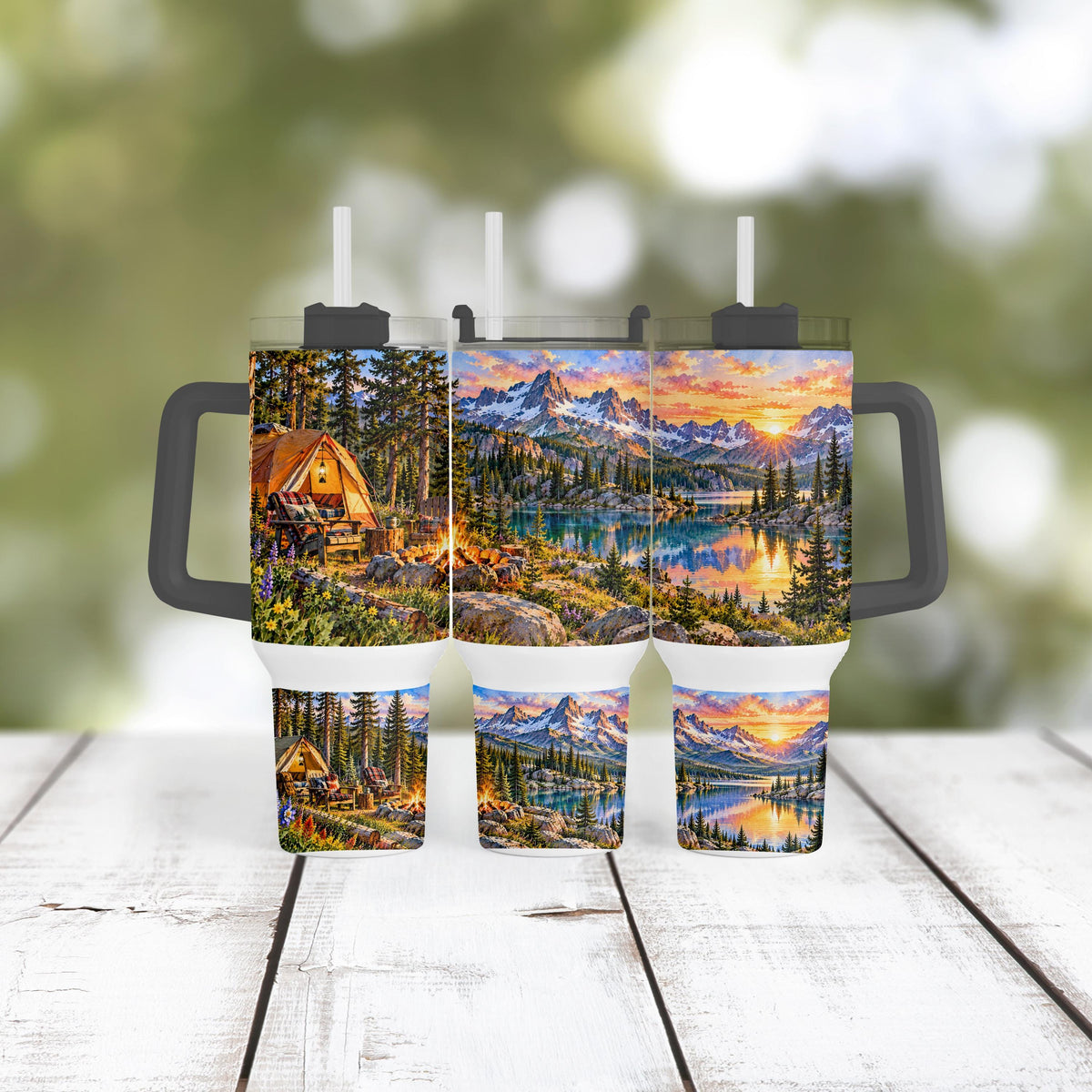 Mountain Camping Tumbler, 40 Oz Handle, Campfire Lake Sunset Gift