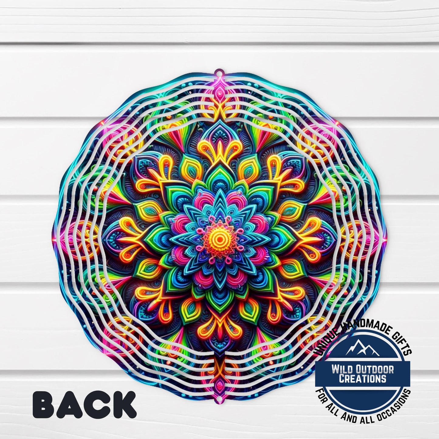 Neon Mandala Wind Spinner - 10 Inch Aluminum Outdoor Wind Spinner with Vibrant Neon Colors - scale and size reference
