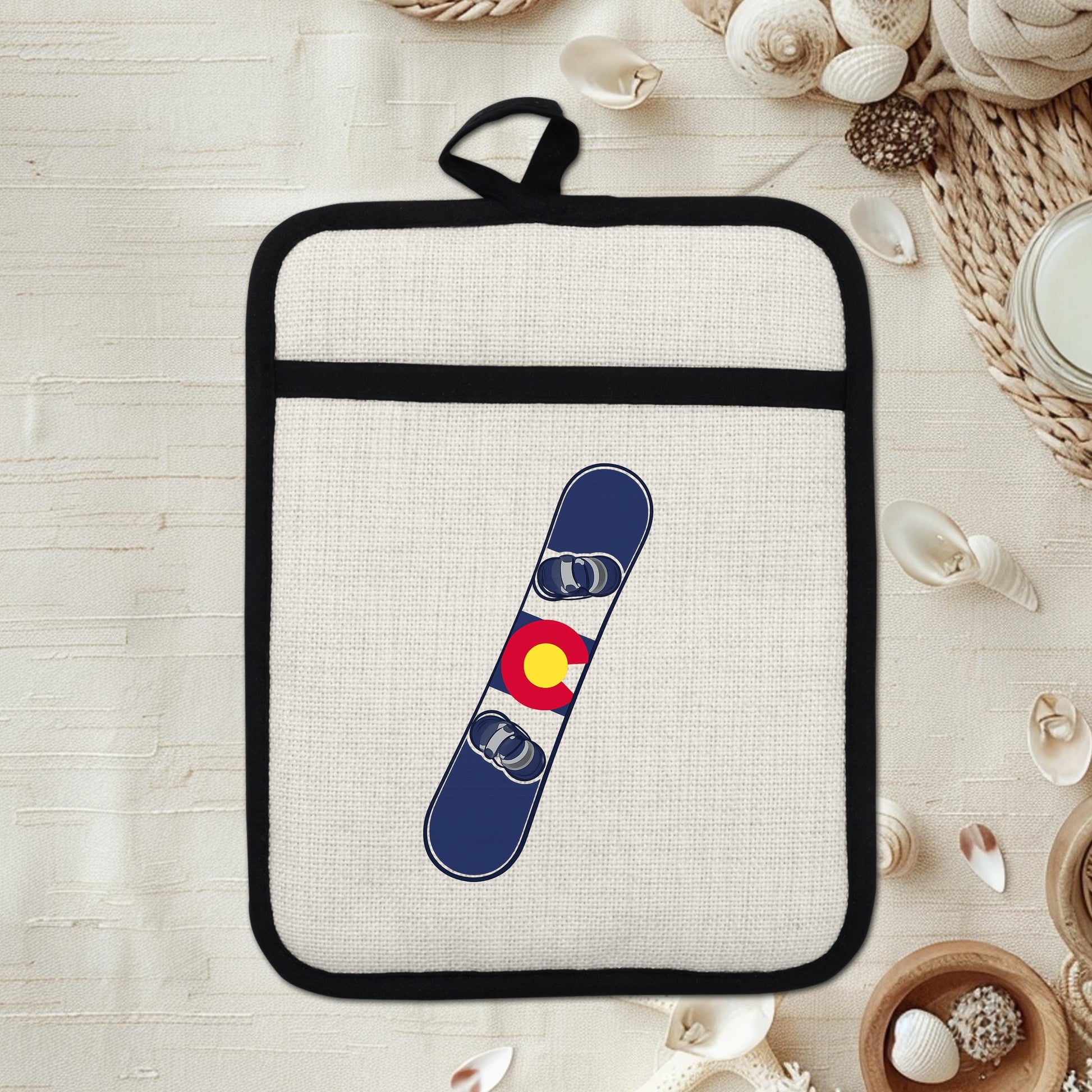 Snowboard Pot Holder - Colorado Flag Design | Linen Fabric & Silicone Backing Pad Trivet - packaging and presentation