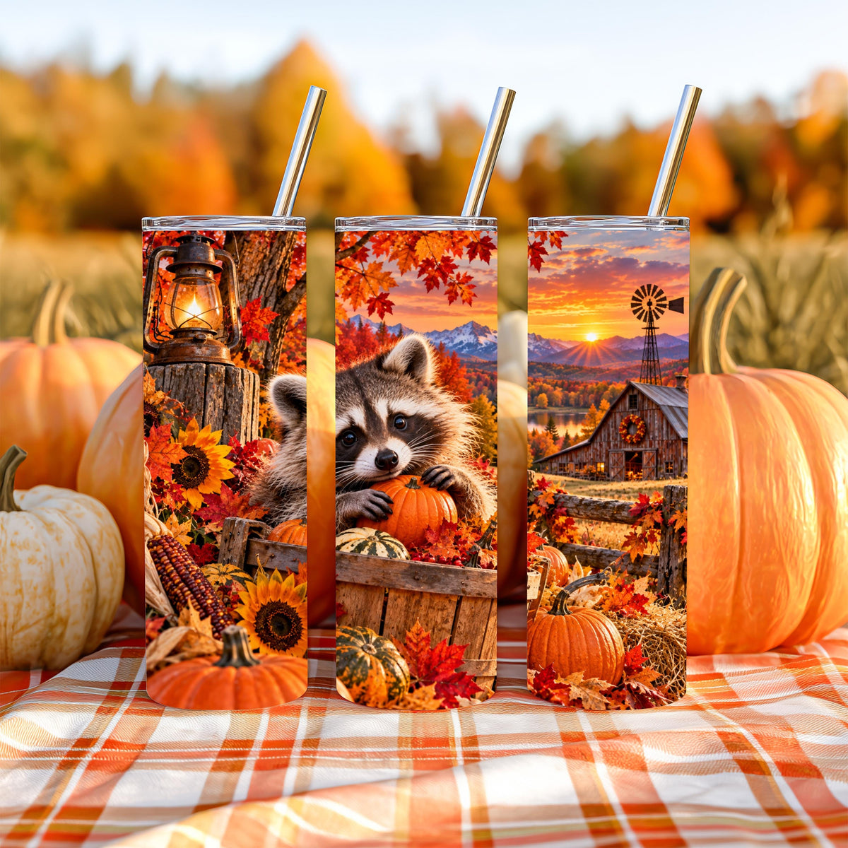 Autumn Tumbler, Raccoon Fall Cup, 20 Oz Skinny, Pumpkin Harvest Art