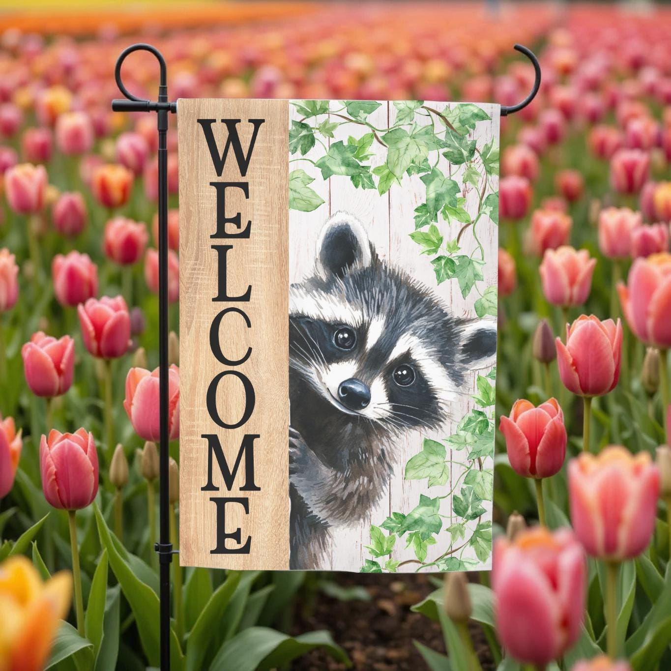 Welcome Raccoon Garden Flag – Rustic Woodland Yard Decor | Double Sided, UV Resistant - detail view