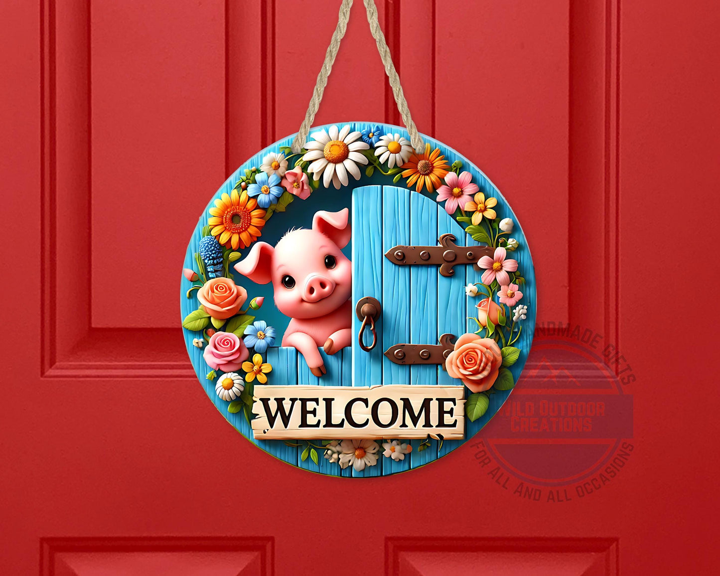 Pig Door Hanger – Farmhouse Welcome Sign | Floral Blue Wood Aluminum Decor - alternate view