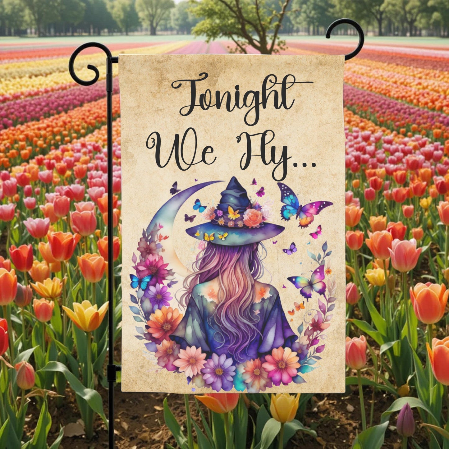 Witch Garden Flag – Floral Butterfly Moon | Boho Halloween Yard Decor 12x18 - full product view