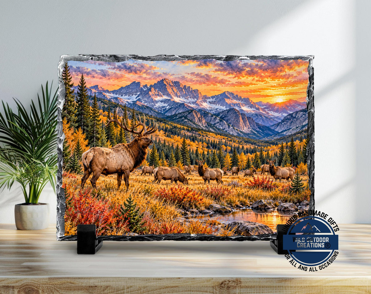Elk Herd Slate Plaque, Colorado Mountain Wildlife Art, Rustic Fall Cabin Decor