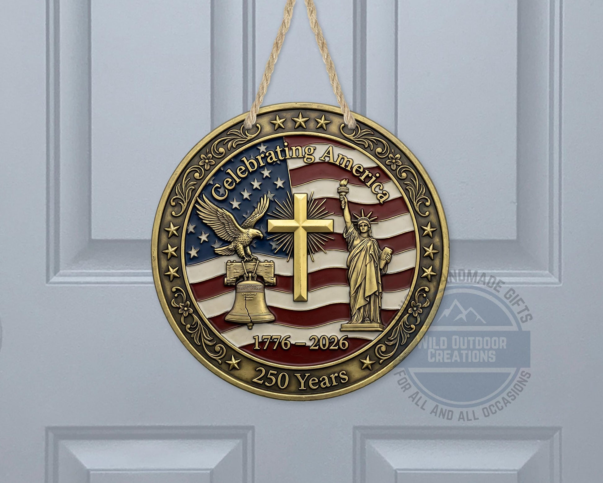 Patriotic Door Decor - America 250 Years Aluminum Door Sign 10" USA Hanger - gift presentation view