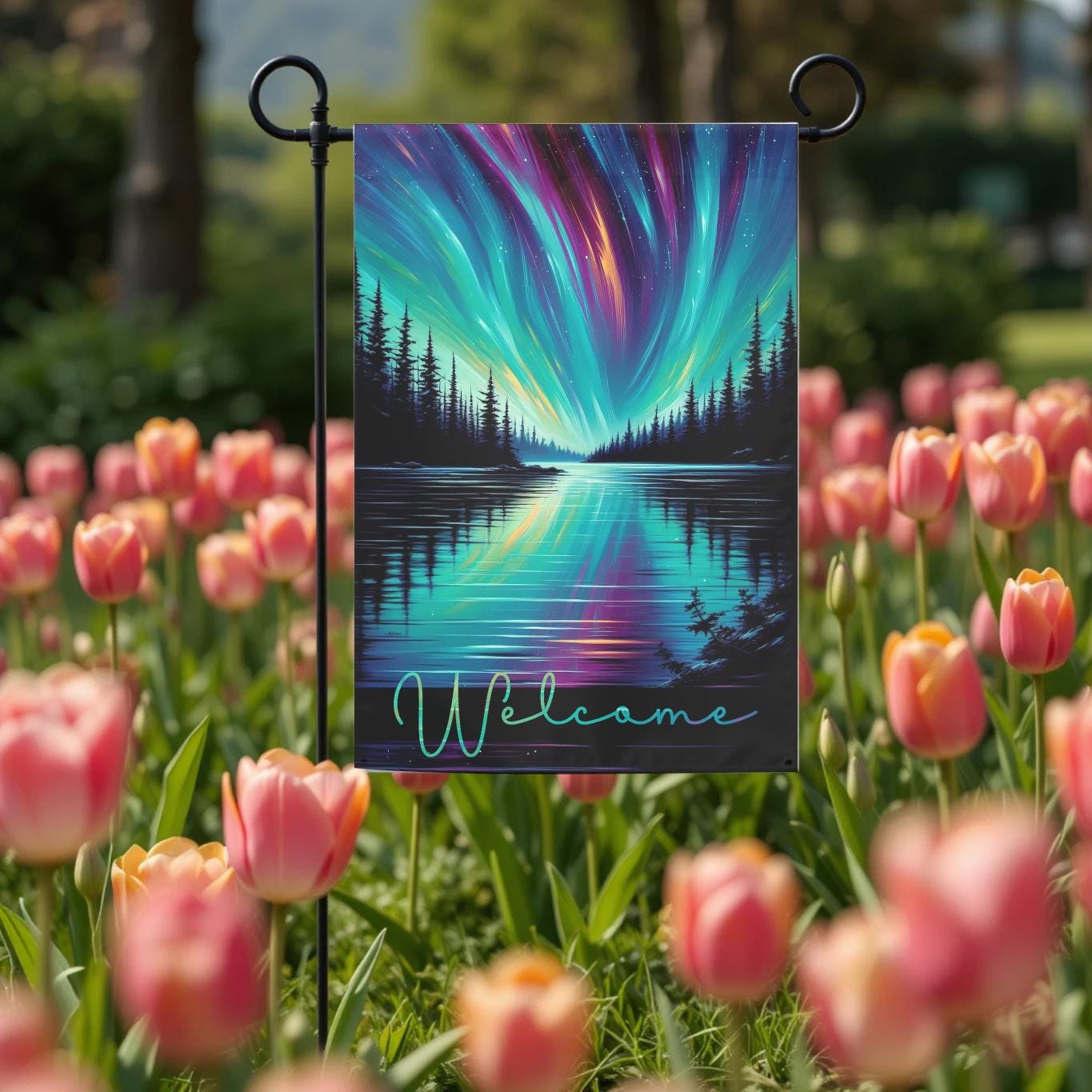 Northern Lights Garden Flag - Aurora Borealis Lake Reflection Outdoor Yard Decor - scale and size reference