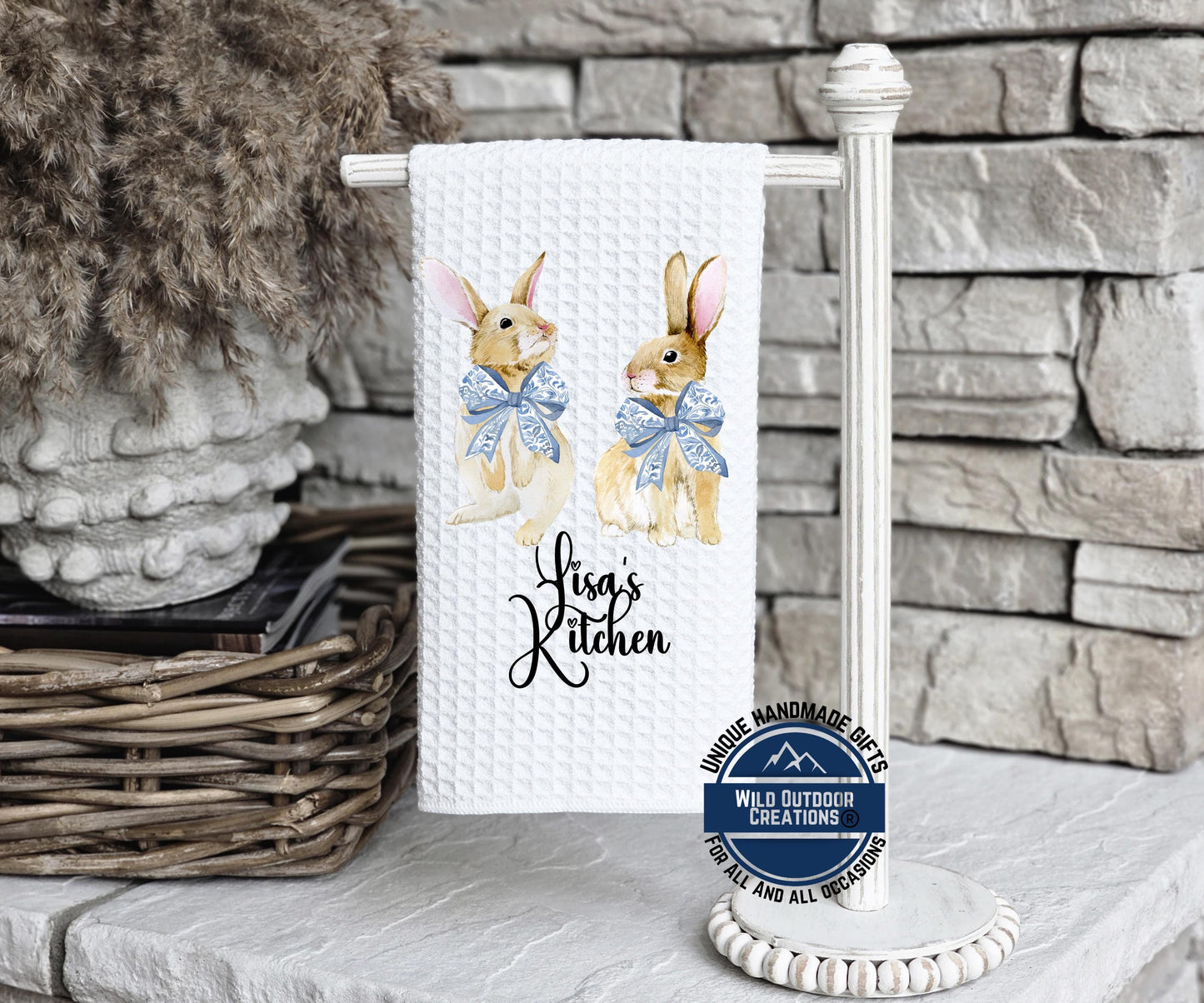 Personalized Easter Towel - Custom Kitchen Towel with Bunny Coquette Bow Design - alternate view