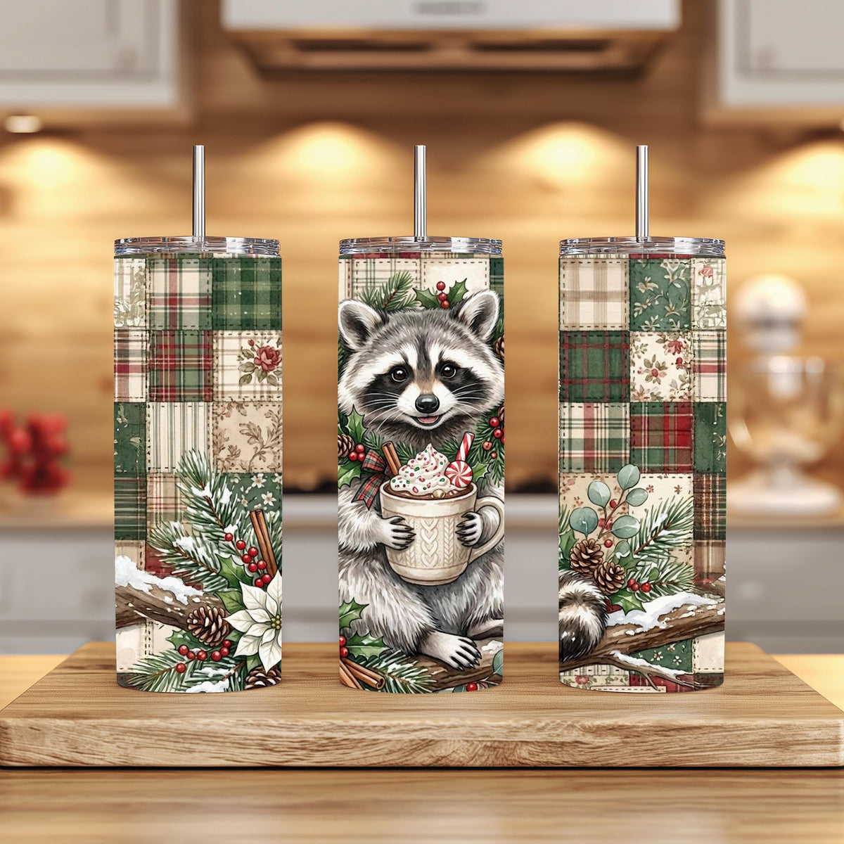 Raccoon Tumbler, 20 Oz Skinny, Plaid Patchwork Hot Cocoa Holiday
