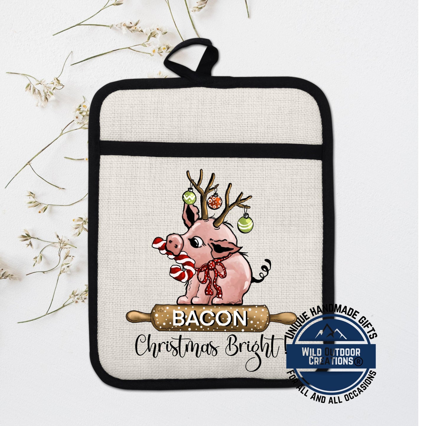Christmas Pig Pot Holder Linen Hot Pad Bacon Reindeer Funny Kitchen Gift