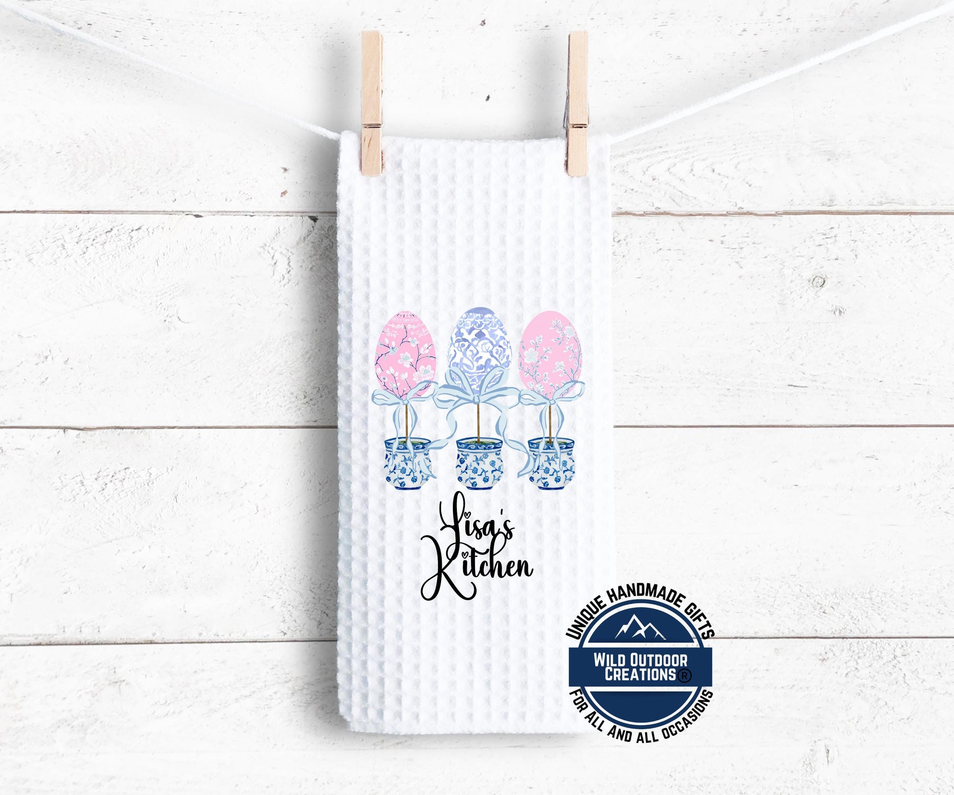 Personalized Kitchen Towel – Easter Egg Topiary Waffle Weave, Custom Name Gift - product dimensions and specifications