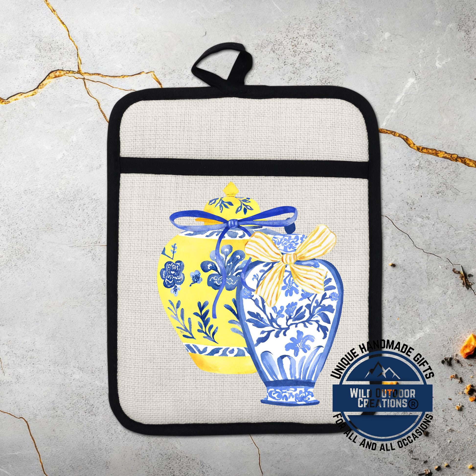 Chinoiserie Pot Holder – Blue Yellow Ginger Jar Linen Kitchen Accessory with Pocket - product dimensions and specifications
