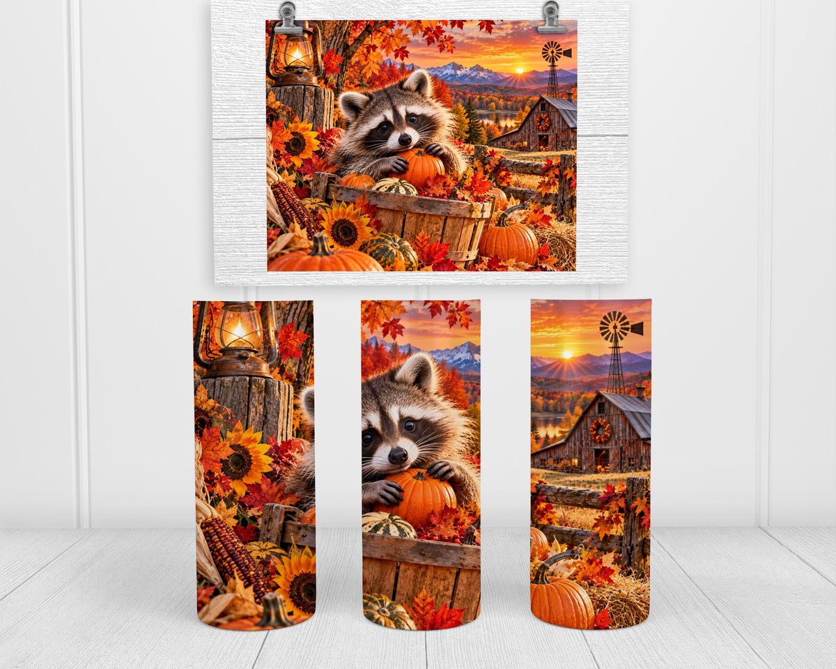 Autumn Tumbler, Raccoon Fall Cup, 20 Oz Skinny, Pumpkin Harvest Art