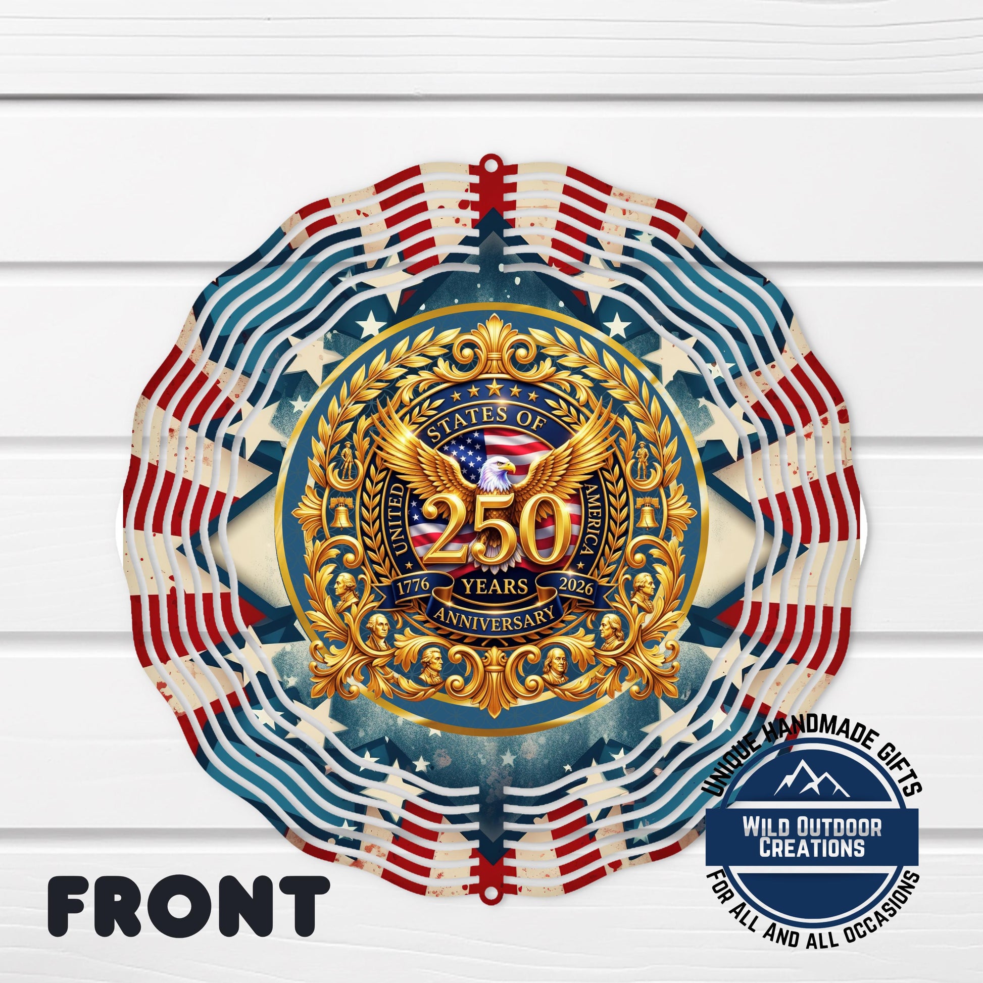 USA 250th Wind Spinner – Double Sided Gold Eagle Wall Art | Patriotic Garden Decor - back side design view