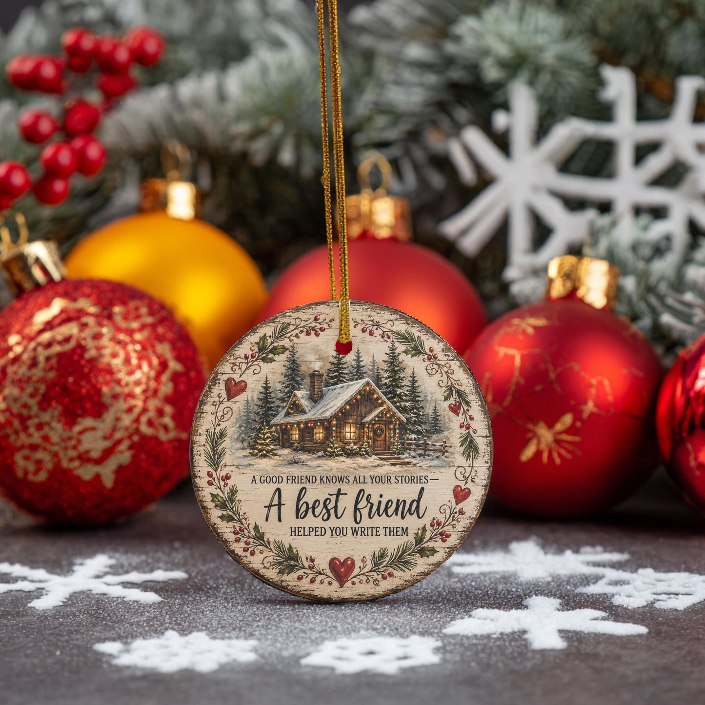 Best Friend Gift, Cabin Ornament - Rustic Ceramic Quote | 3 Inch Ribbon Tree Keepsake Decor