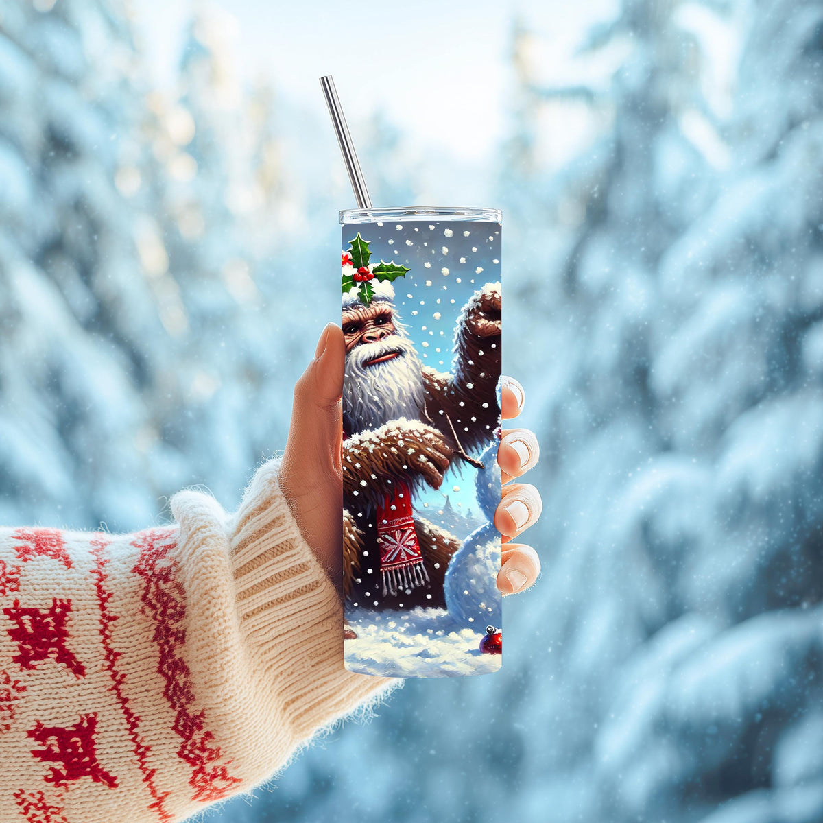 Bigfoot Tumbler, Sasquatch Santa Hat Scene, 20 Oz Skinny Wrap