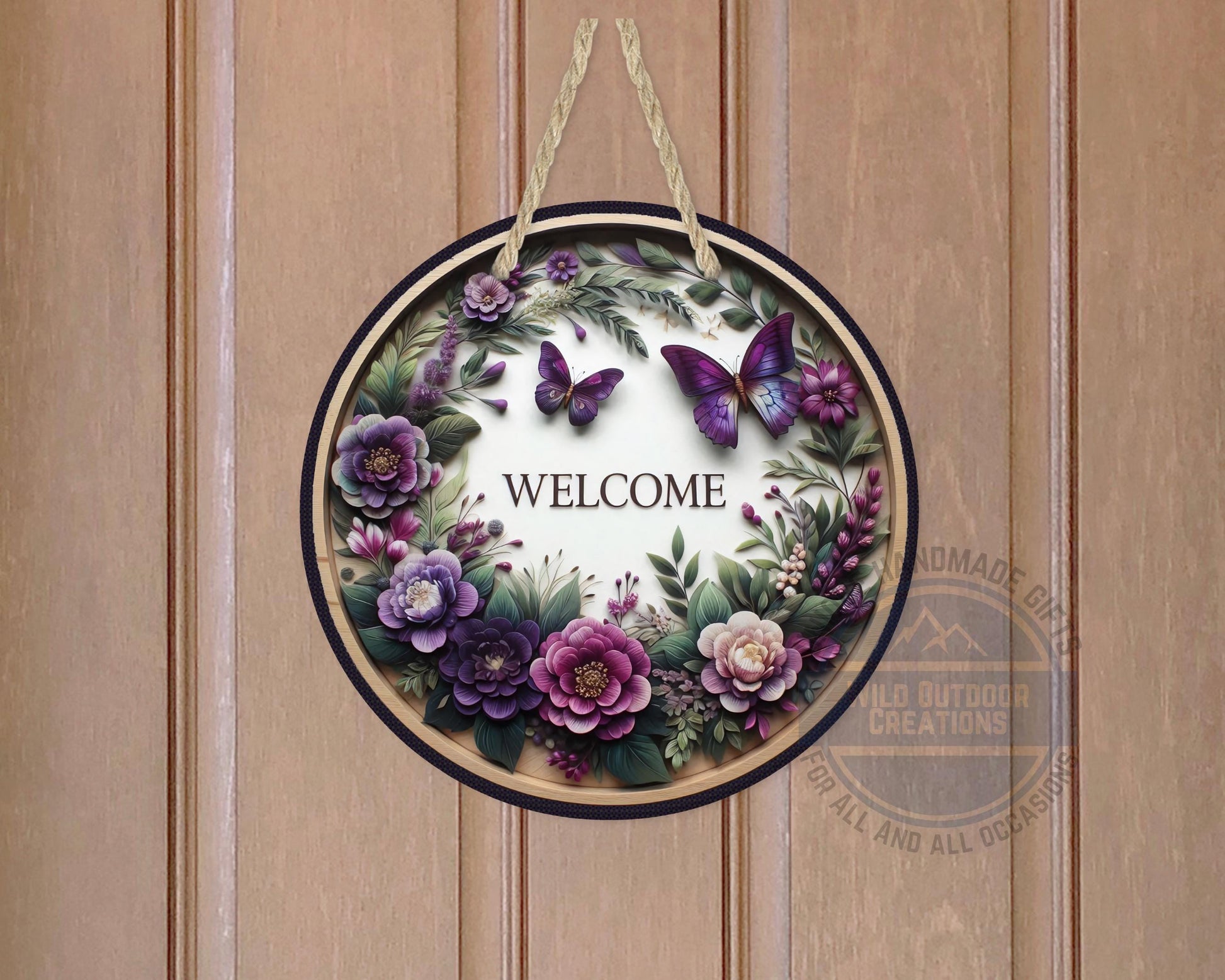 Welcome Door Hanger - Purple Floral Butterfly Porch Sign | Weather Resistant Aluminum - packaging and presentation
