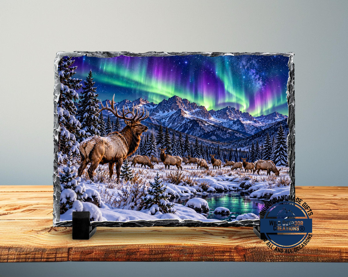 Elk Herd Slate Plaque, Northern Lights Wildlife Art, Rustic Mountain Cabin Decor