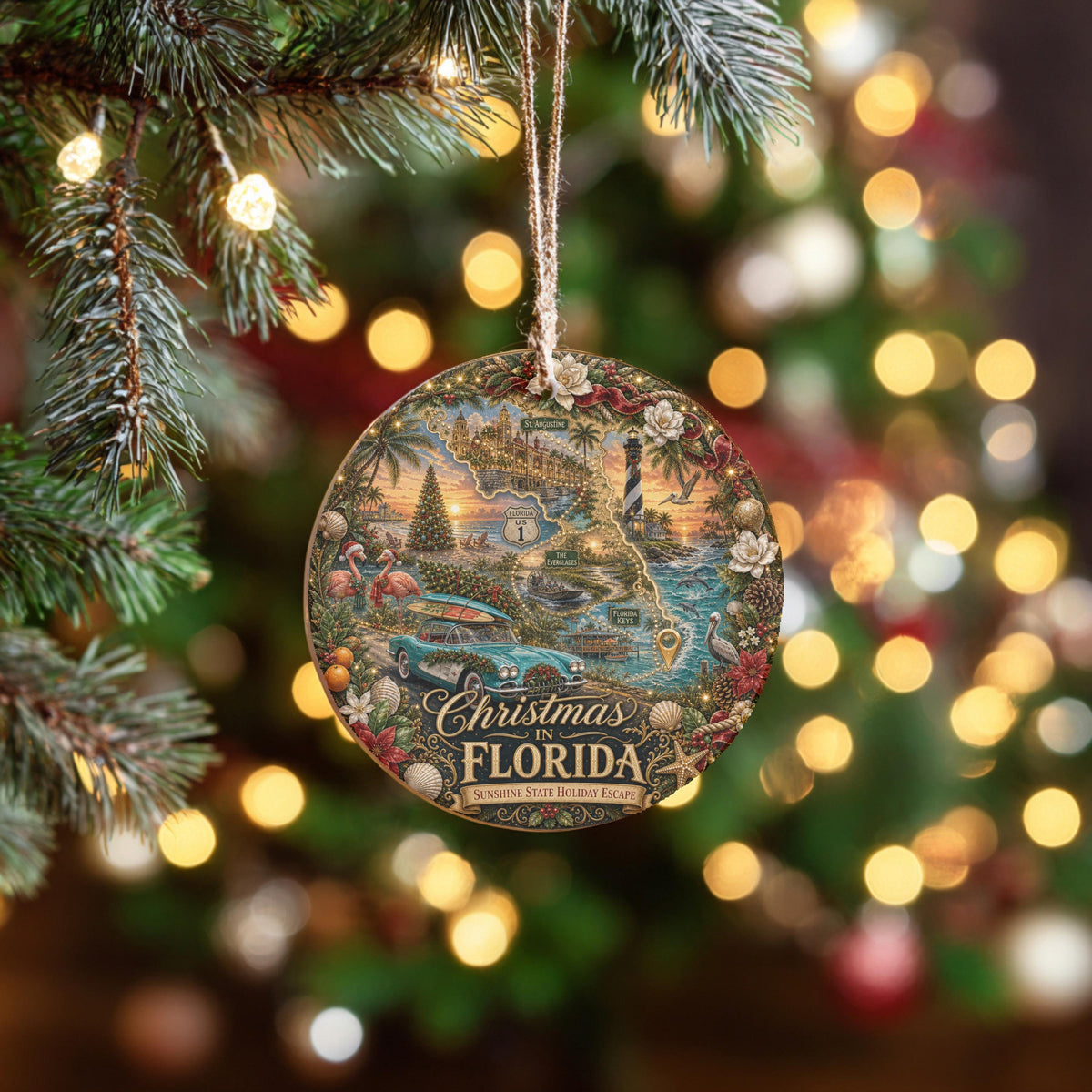 Florida Christmas Ornament, Vintage Ceramic Keepsake | 3 Inch Round