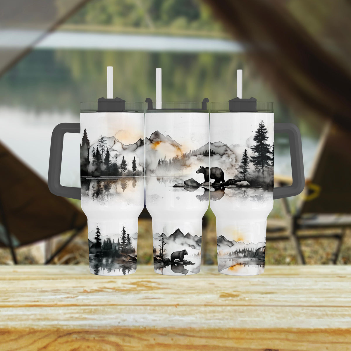 Black Bear Tumbler, 40 Oz Handle Cup, Misty Mountain Watercolor