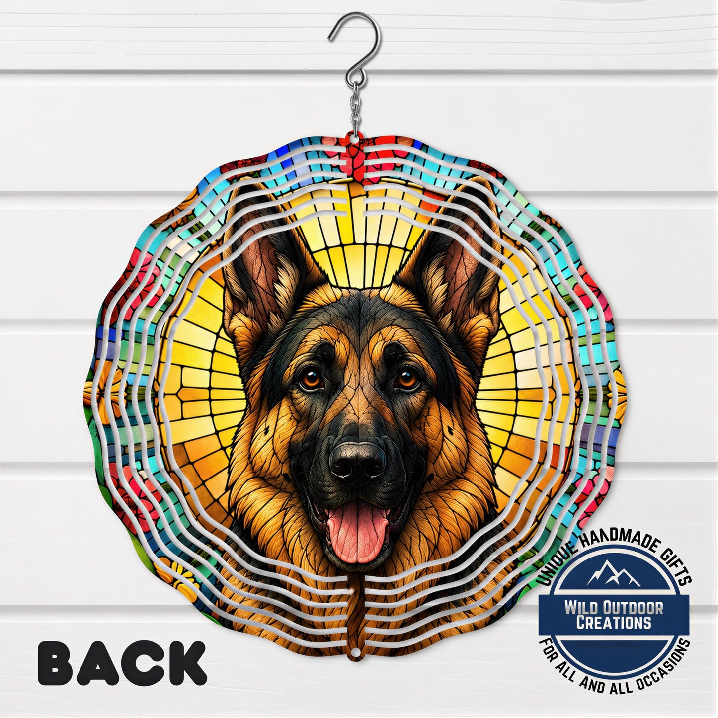German Shepherd Wind Spinner - 10 Inch Faux Stained Glass Metal Garden Decor