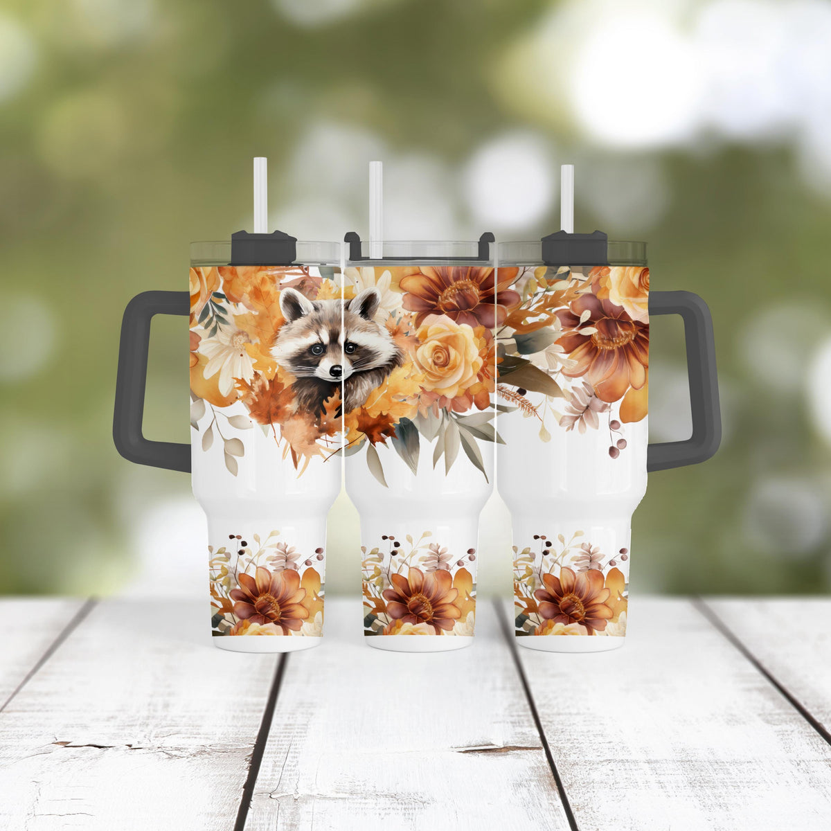 40 Oz Tumbler, Raccoon Fall Floral With Handle, Autumn Mug Gift