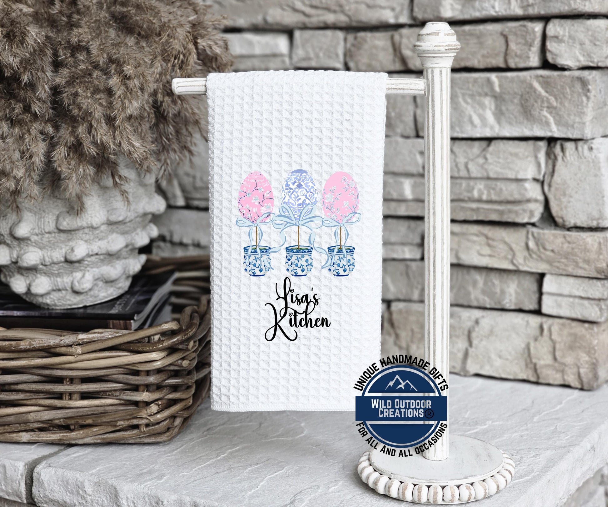 Personalized Kitchen Towel – Easter Egg Topiary Waffle Weave, Custom Name Gift - alternate view
