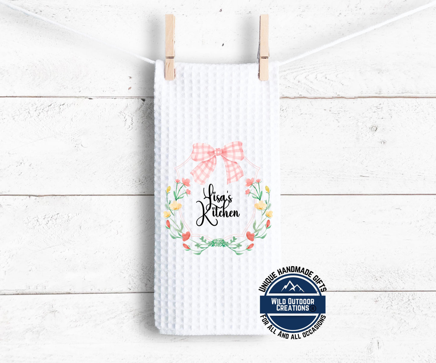 Personalized Kitchen Towel – Custom Floral Wreath Pink Gingham Bow Gift - packaging and presentation
