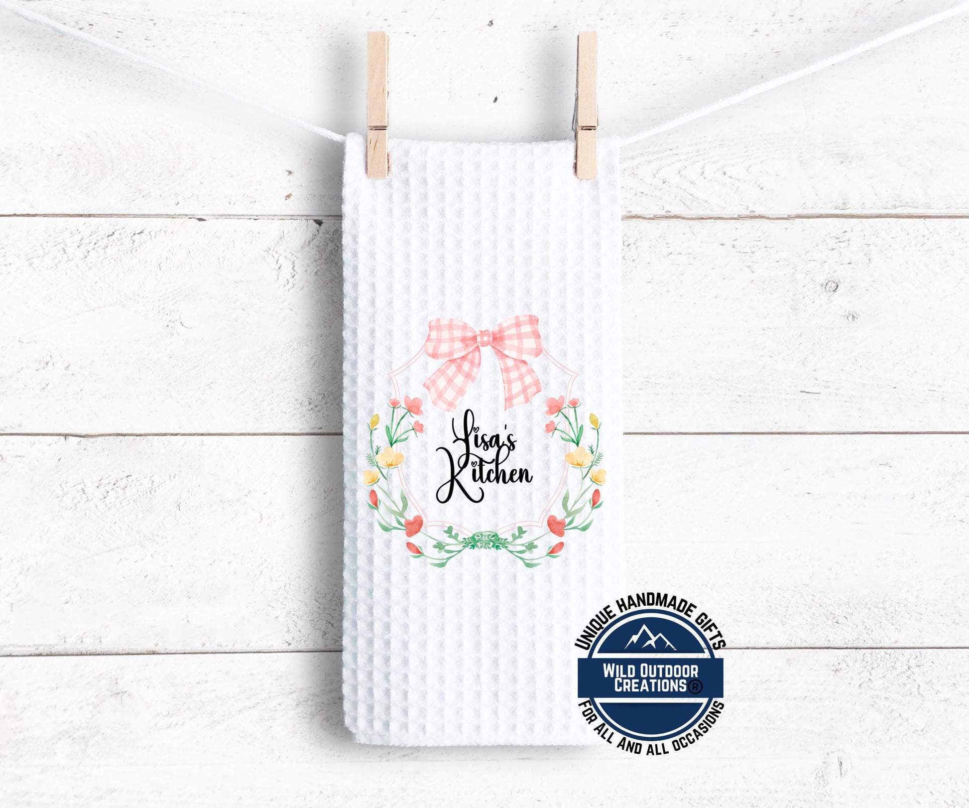 Personalized Kitchen Towel – Custom Floral Wreath Pink Gingham Bow Gift - packaging and presentation