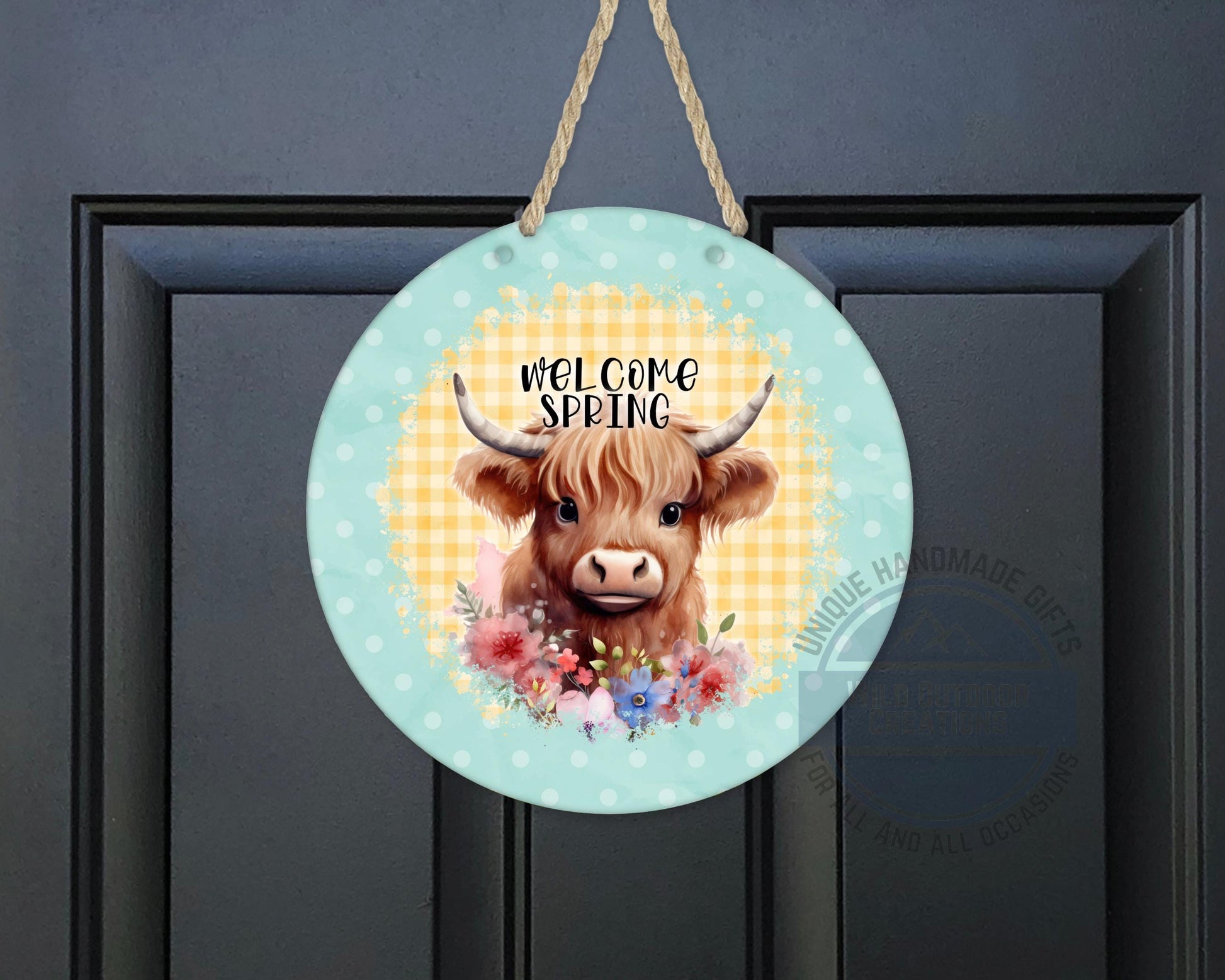 Welcome Spring Sign - Highland Cow Decor | Round Aluminum Front Porch Sign - additional product photo 10