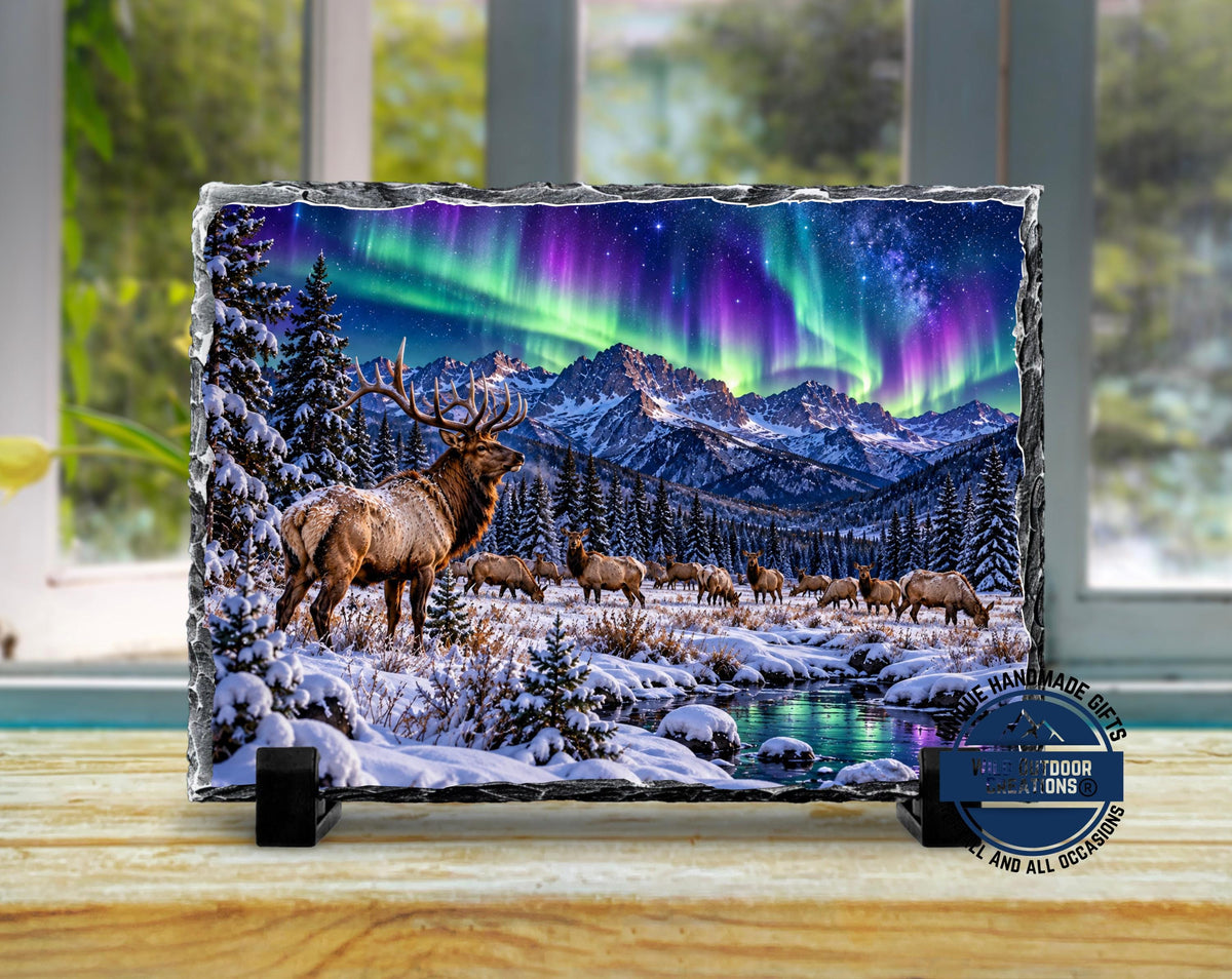 Elk Herd Slate Plaque, Northern Lights Wildlife Art, Rustic Mountain Cabin Decor