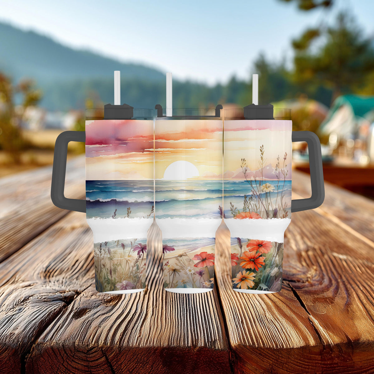 Beach Sunset Tumbler, 40 Oz Handle, Ocean Waves, Wildflower Gift