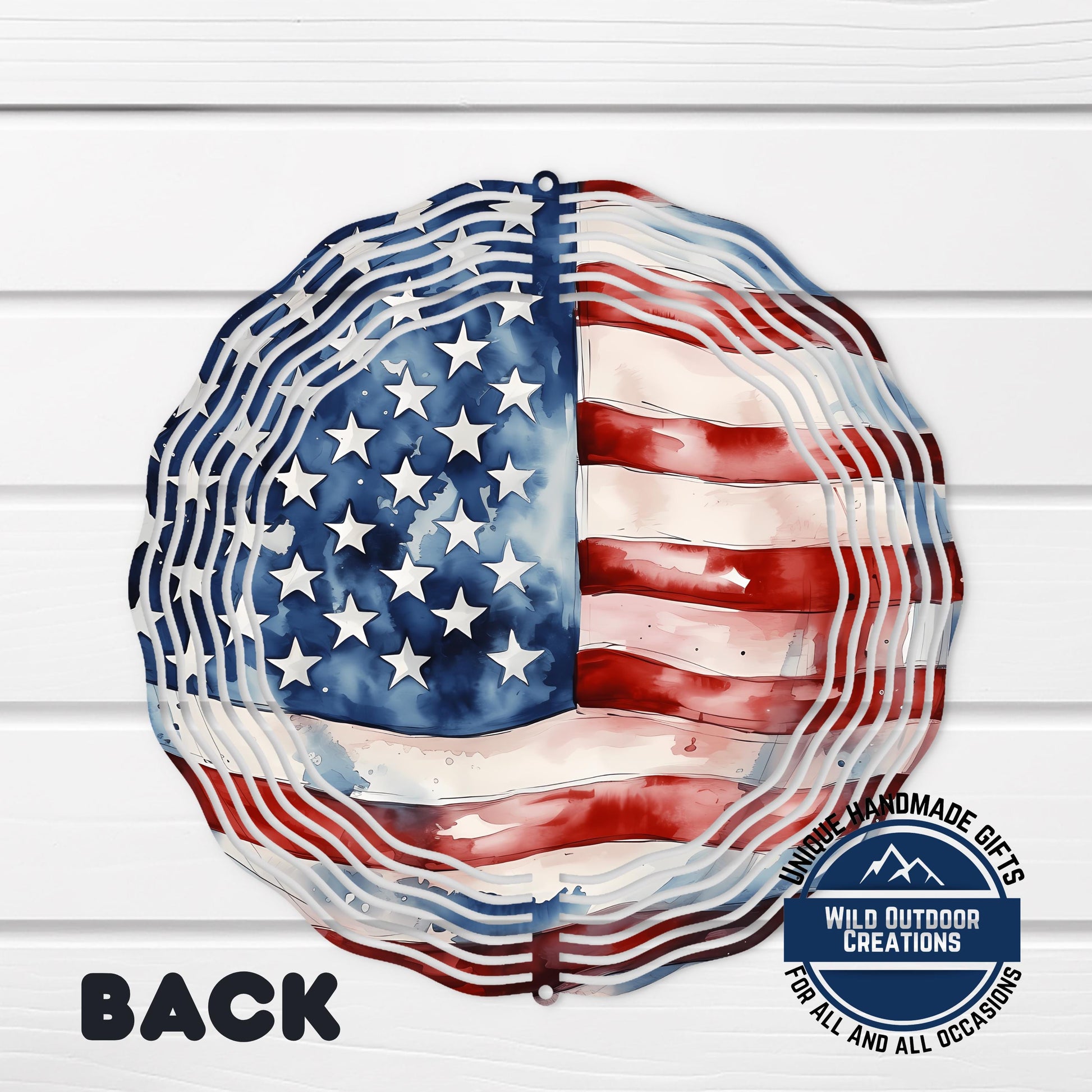 a wind chime with an American flag design, including the stars and stripes of the flag.