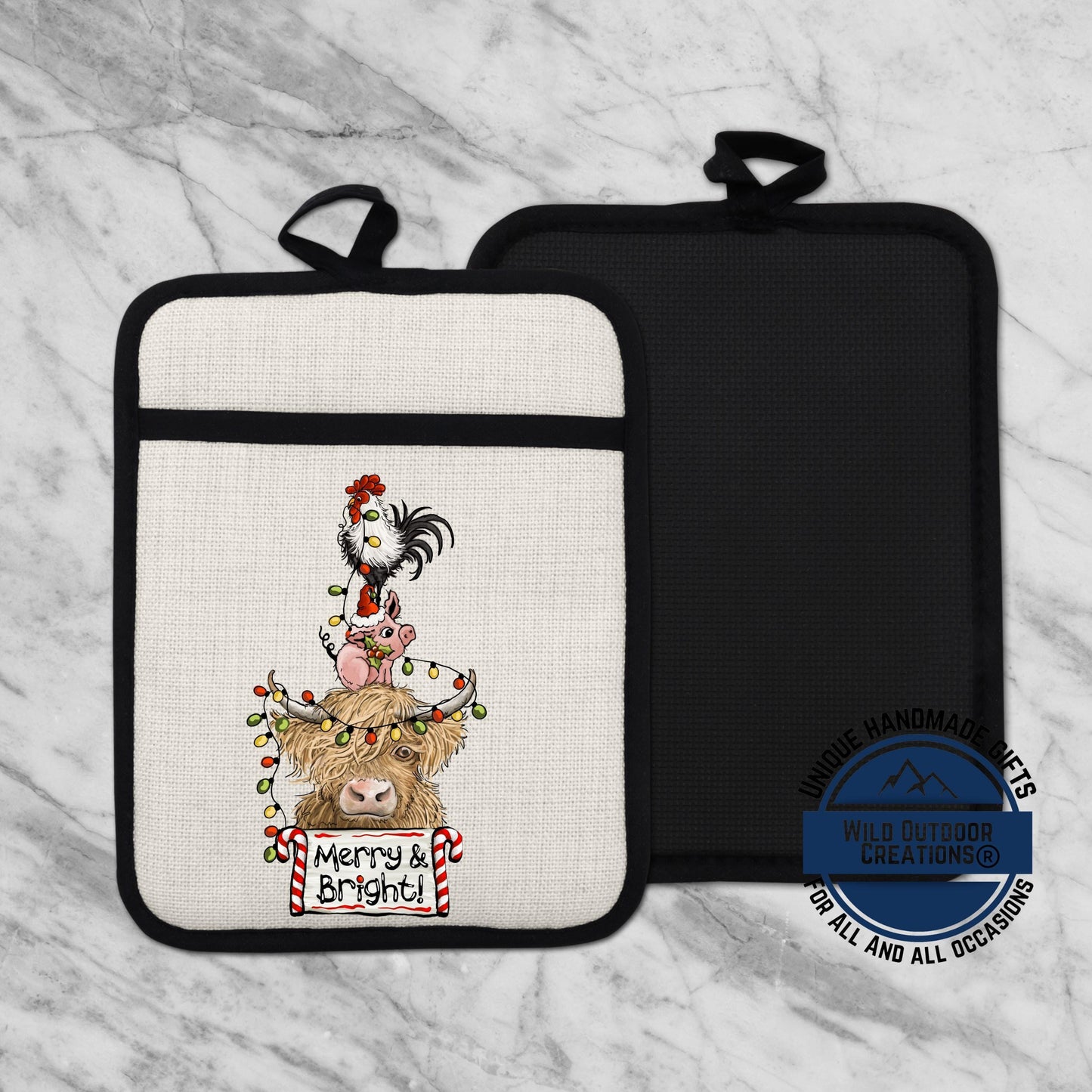 Highland Cow Pot Holder Linen Hot Pad Pig Rooster Merry Bright Kitchen Gift