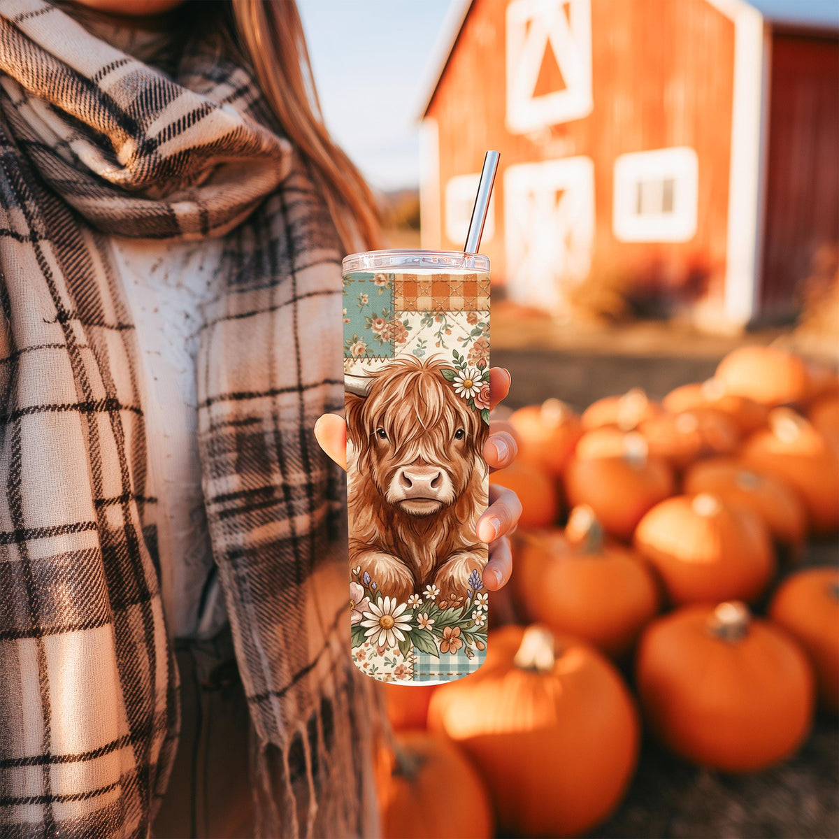 Highland Cow Tumbler | Floral Patchwork 20 Oz Skinny, Teal Peach Farmhouse