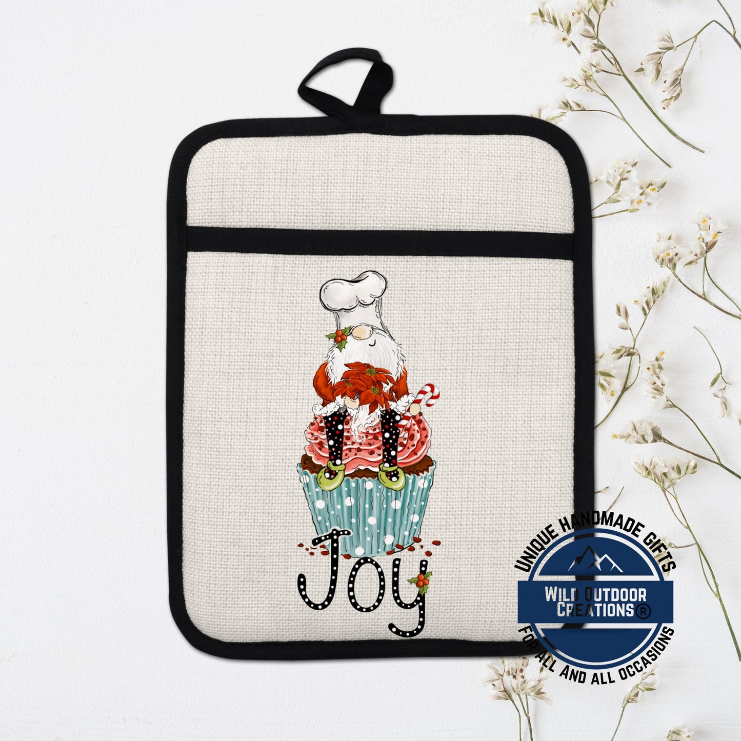 Gnome Pot Holder Linen Hot Pad Christmas Cupcake Joy Baking Kitchen Gift Decor