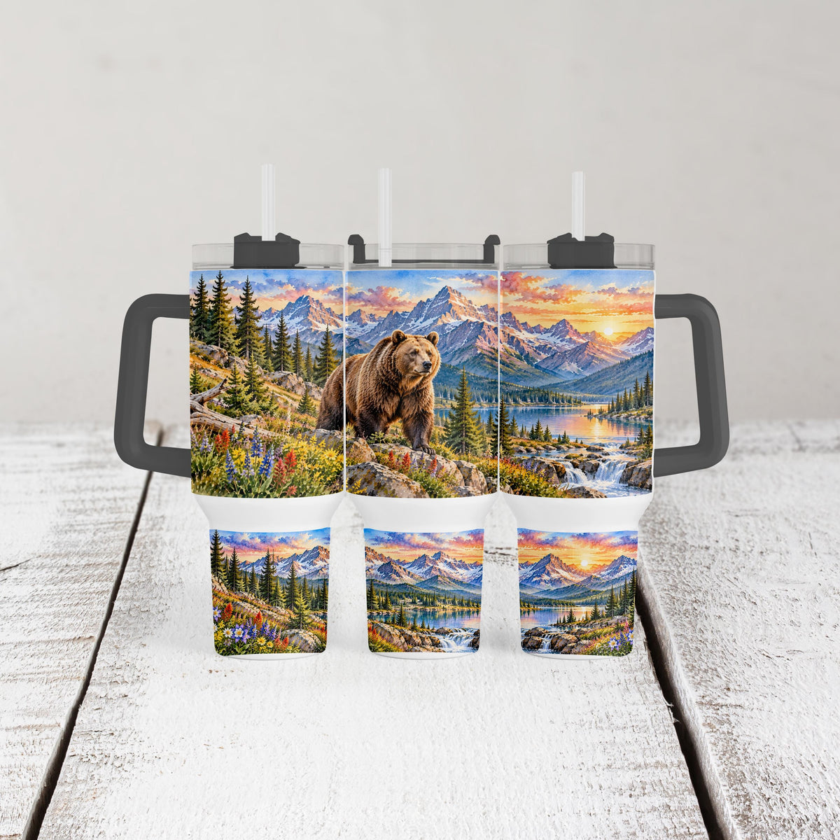 Grizzly Bear Tumbler, 40 Oz With Handle, Mountain Lake Wildlife