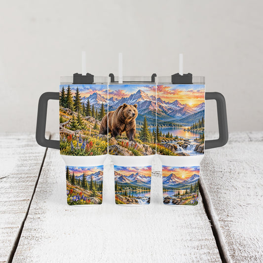 Grizzly Bear Tumbler, 40 Oz With Handle, Mountain Lake Wildlife
