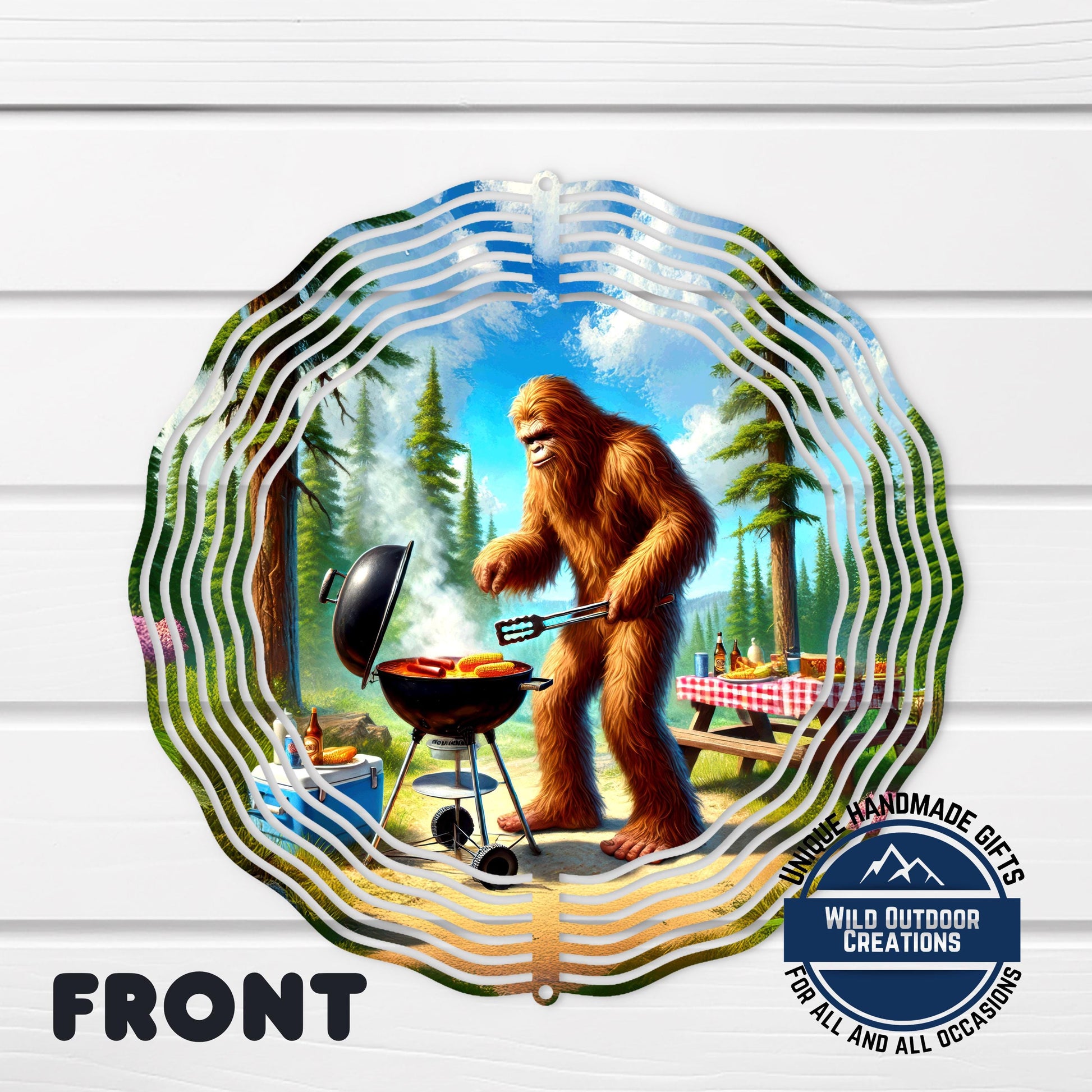 Bigfoot BBQ Wind Spinner – Aluminum Outdoor Sasquatch Garden Decor, Funny Grill Gift - outdoor setting