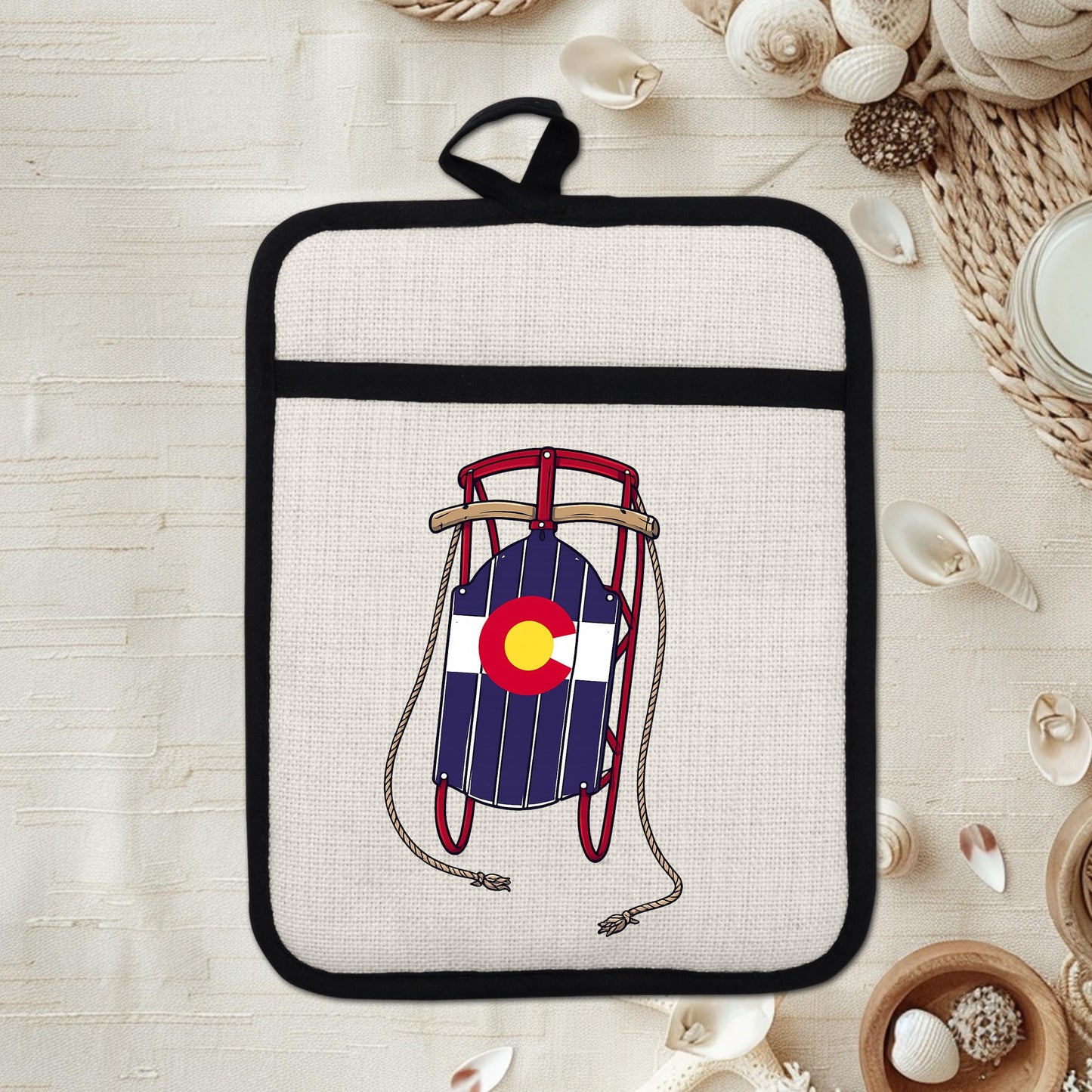 Colorado Sled Pot Holder - Linen Pot Holder with Silicone Back Trivet, Heat Resistant Oven Mitt - gift presentation view