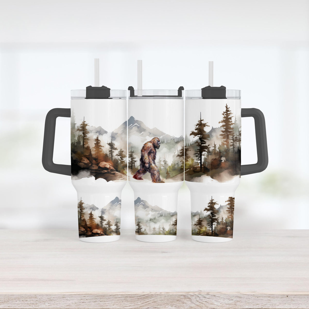Bigfoot Tumbler, 40 Oz Handle Cup, Misty Forest Sasquatch Gift