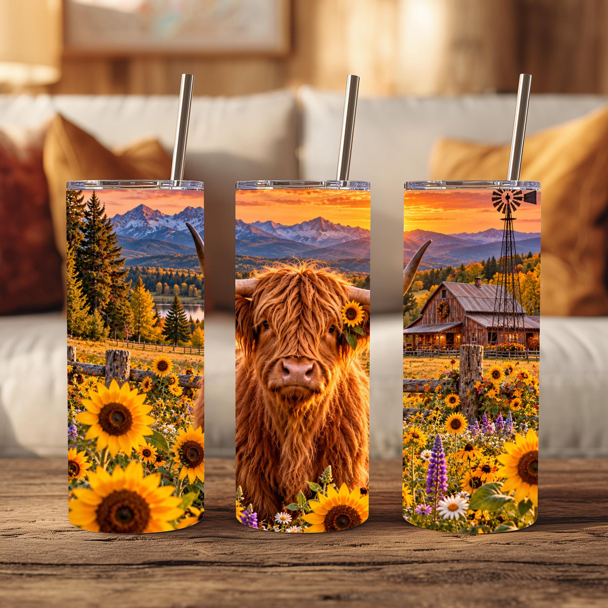 Highland Cow Cup, Sunflower Wrap | 20 Oz Skinny Tumbler Set