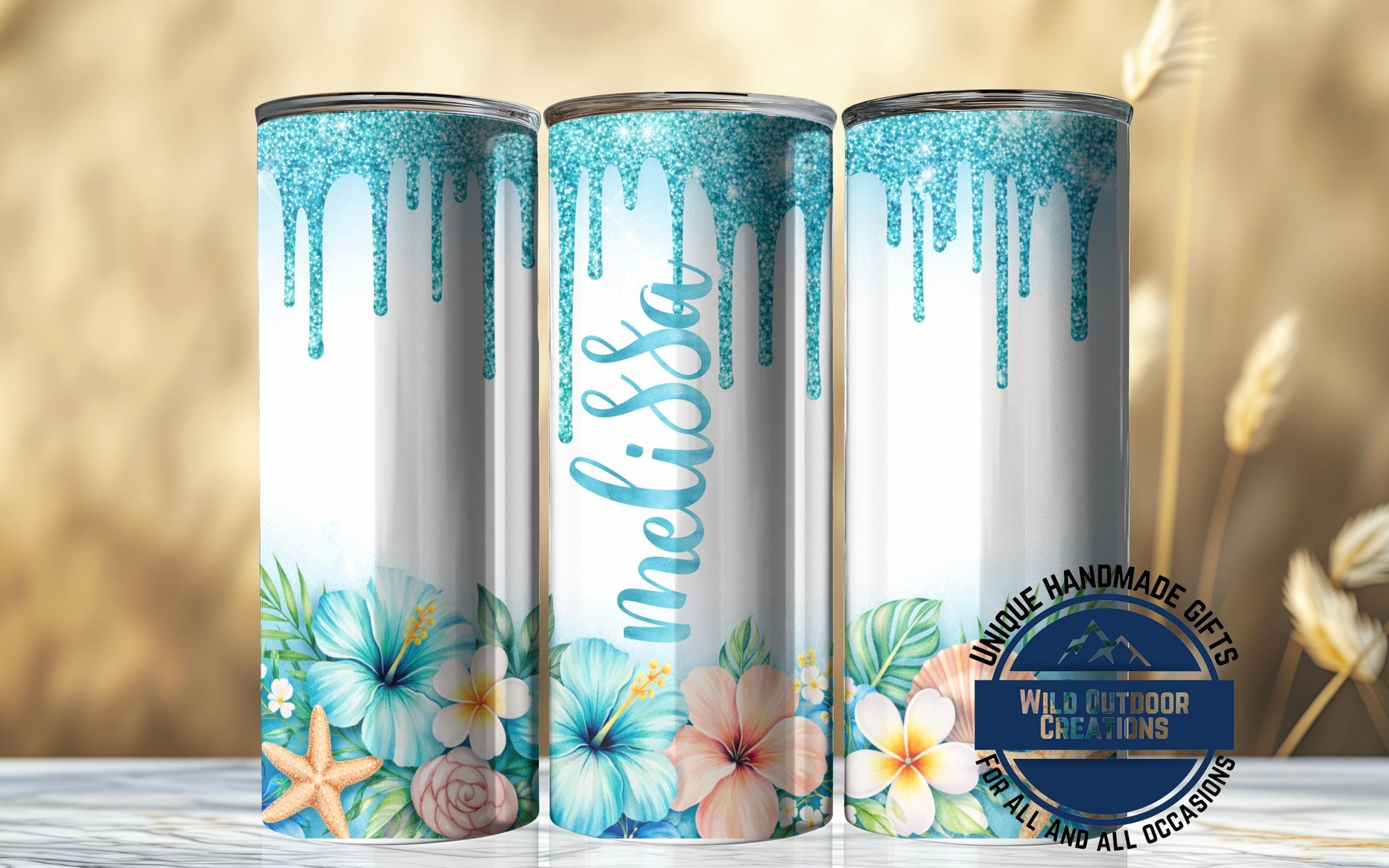 Personalized Tropical Tumbler - Double Wall Tumbler With Floral Beach Design & Glow Green - lifestyle view