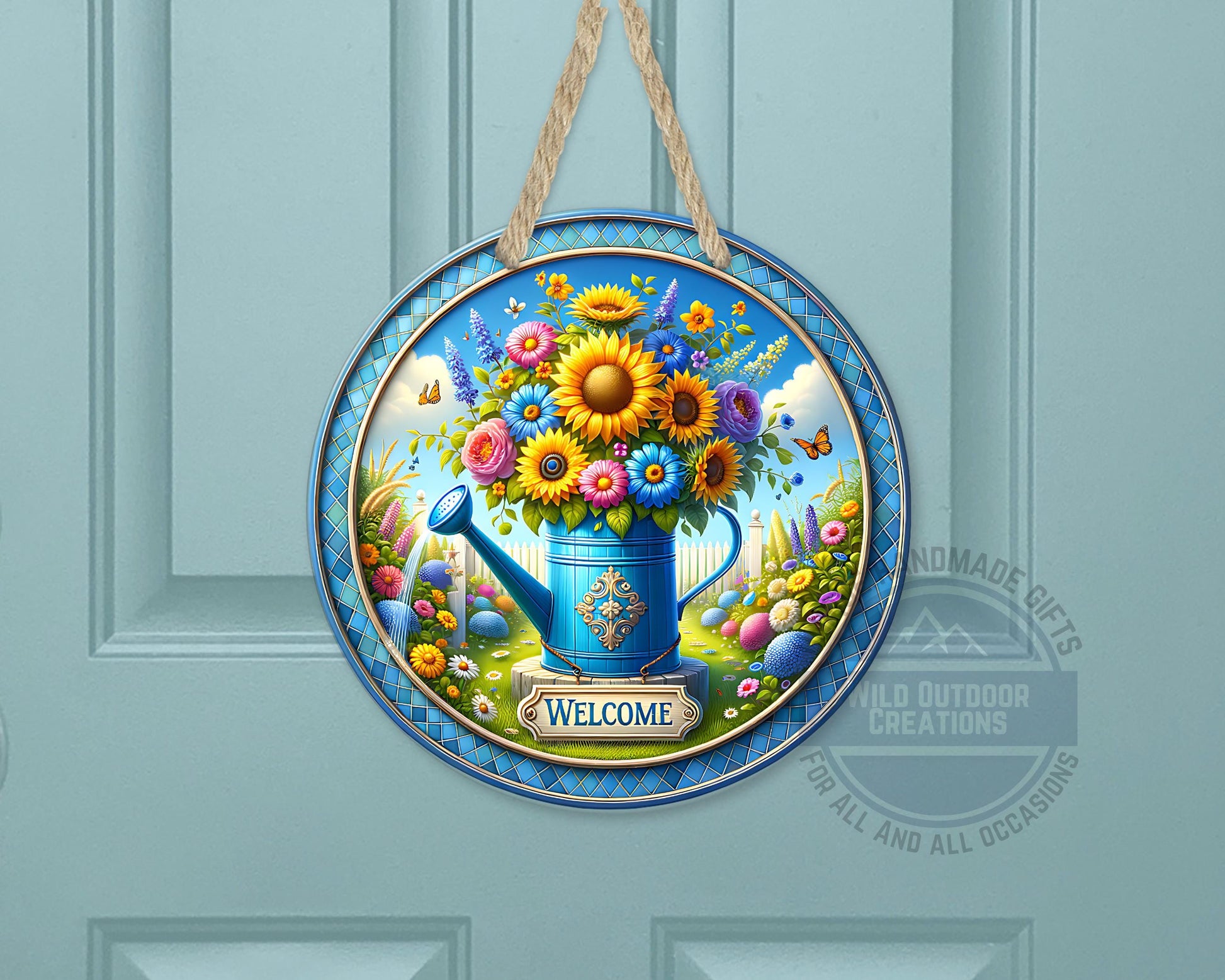 Watering Can Welcome Sign – Round Aluminum Garden Door Hanger With Sunflower Decor - detail view