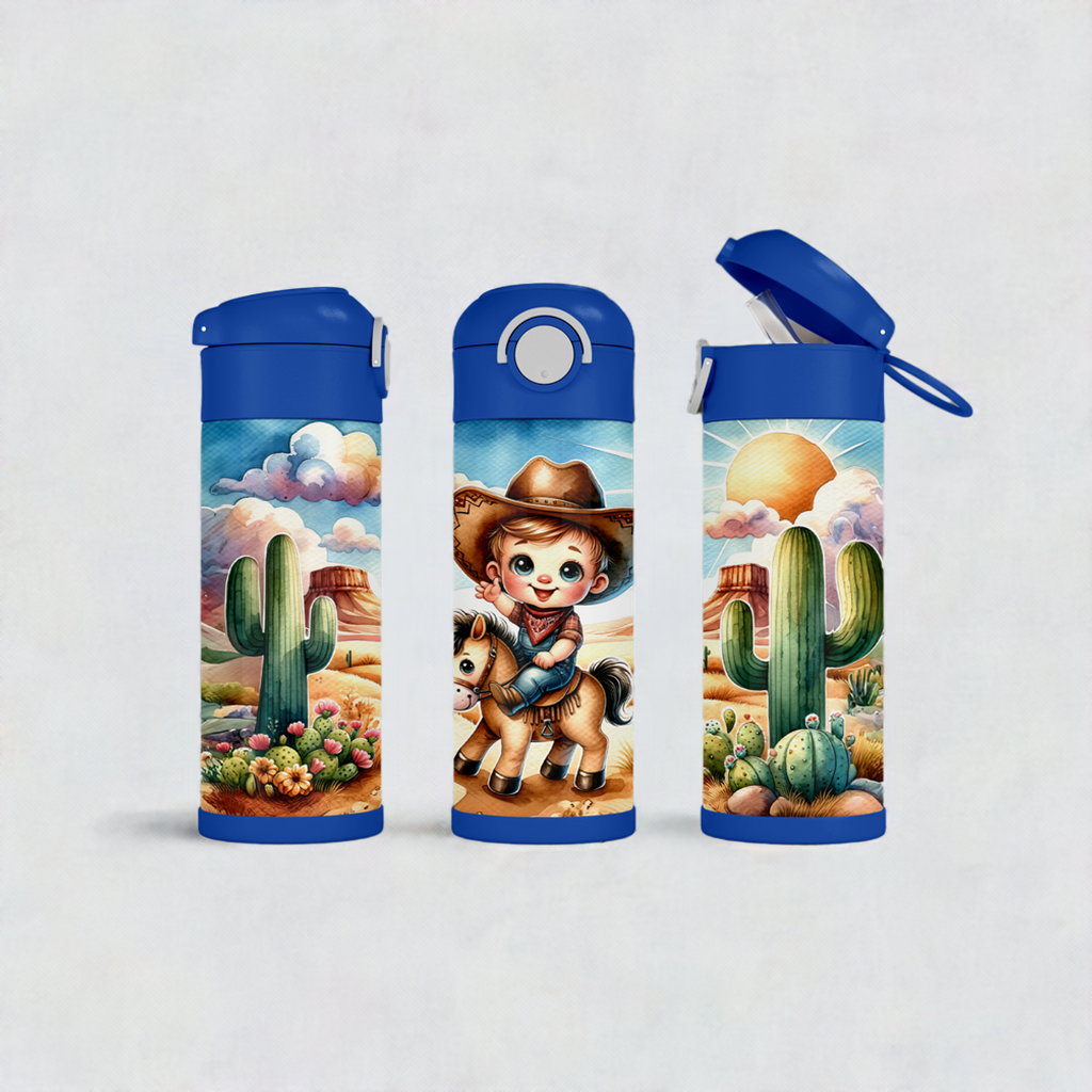 12oz Flip Top Cowboy Water Bottle with Blue Lid  Handle
