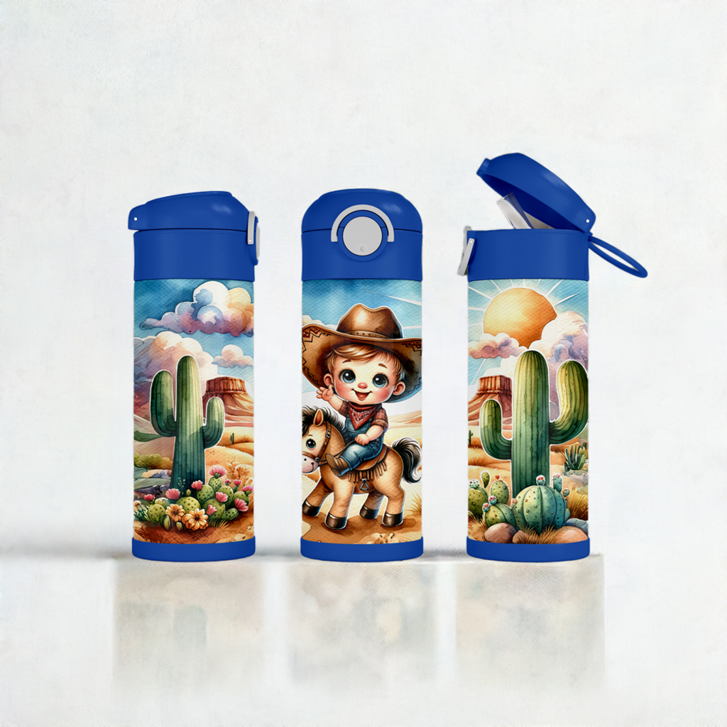 12oz Flip Top Cowboy Water Bottle with Blue Lid  Handle