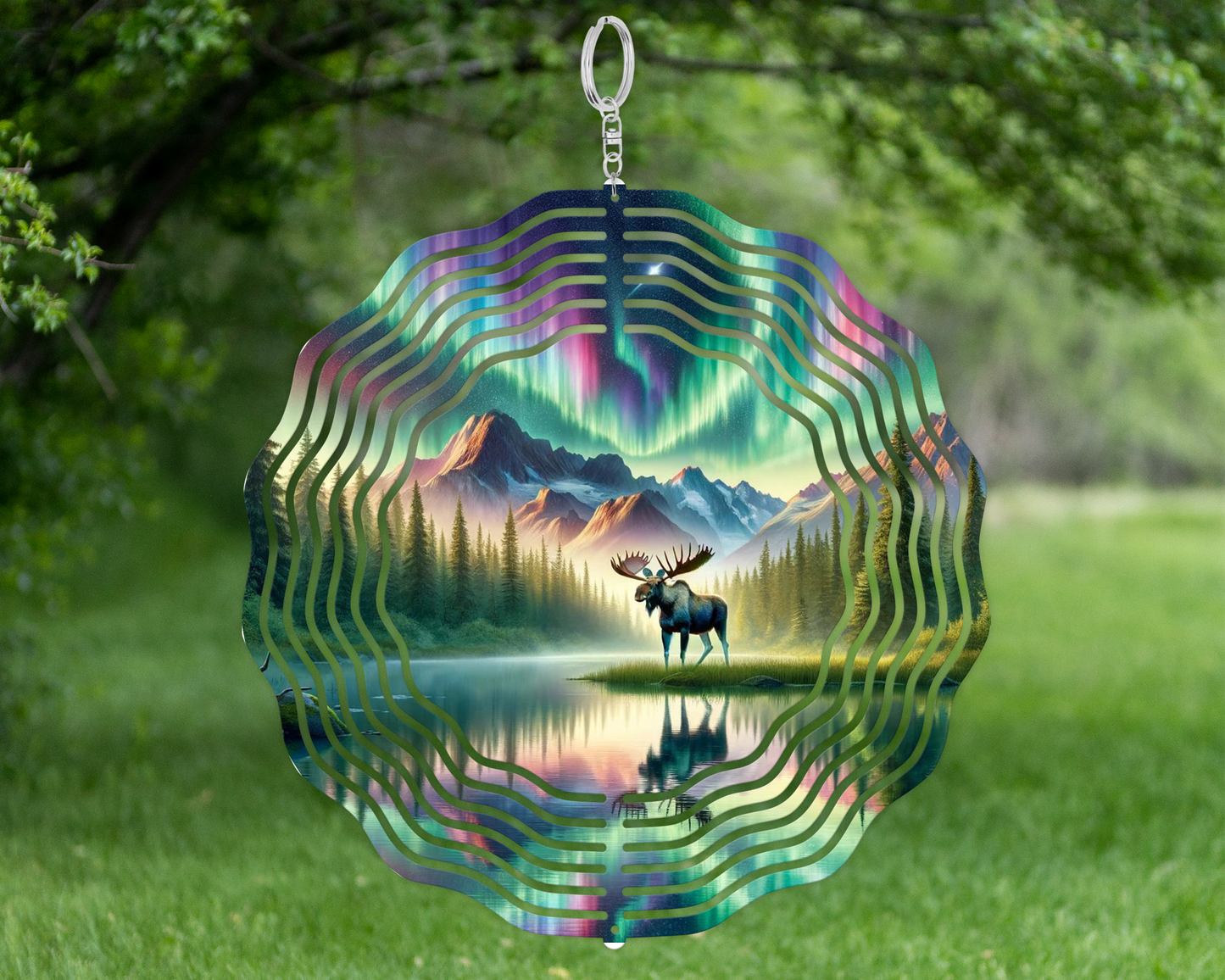 Moose Northern Lights Double-Sided Metal Wind Spinner for Yard or Porch - Unique Mothers Day  Housewarming Gift