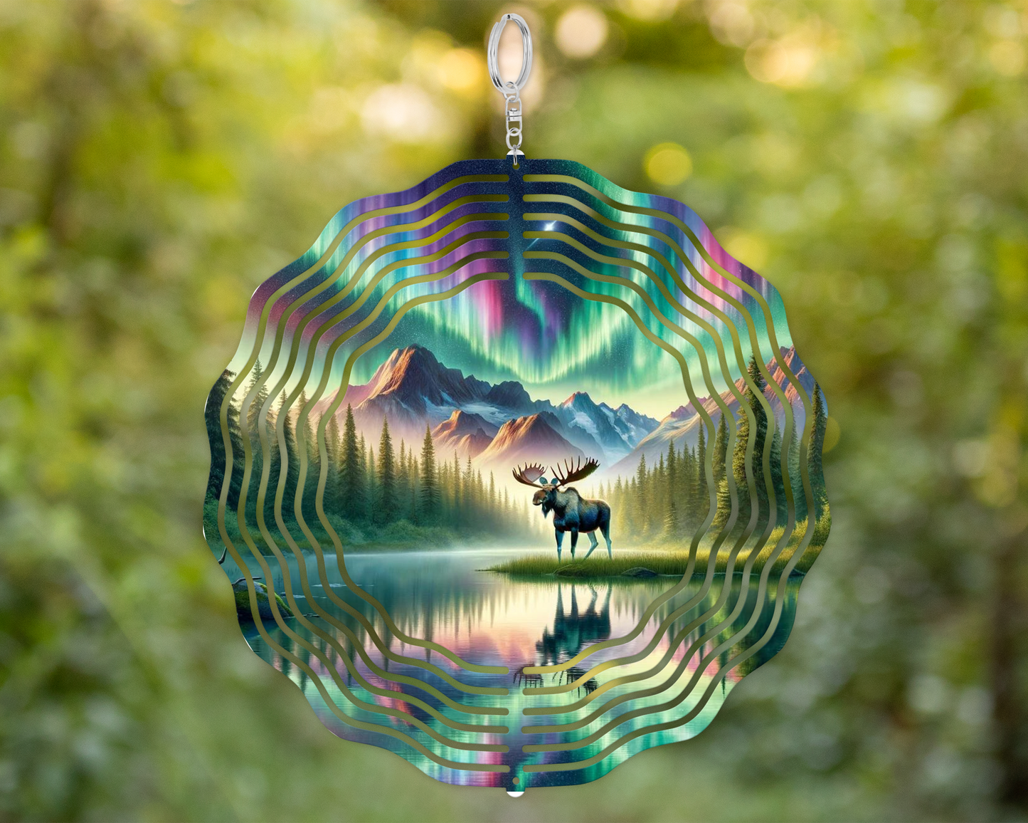 Moose Northern Lights Double-Sided Metal Wind Spinner for Yard or Porch - Unique Mothers Day  Housewarming Gift