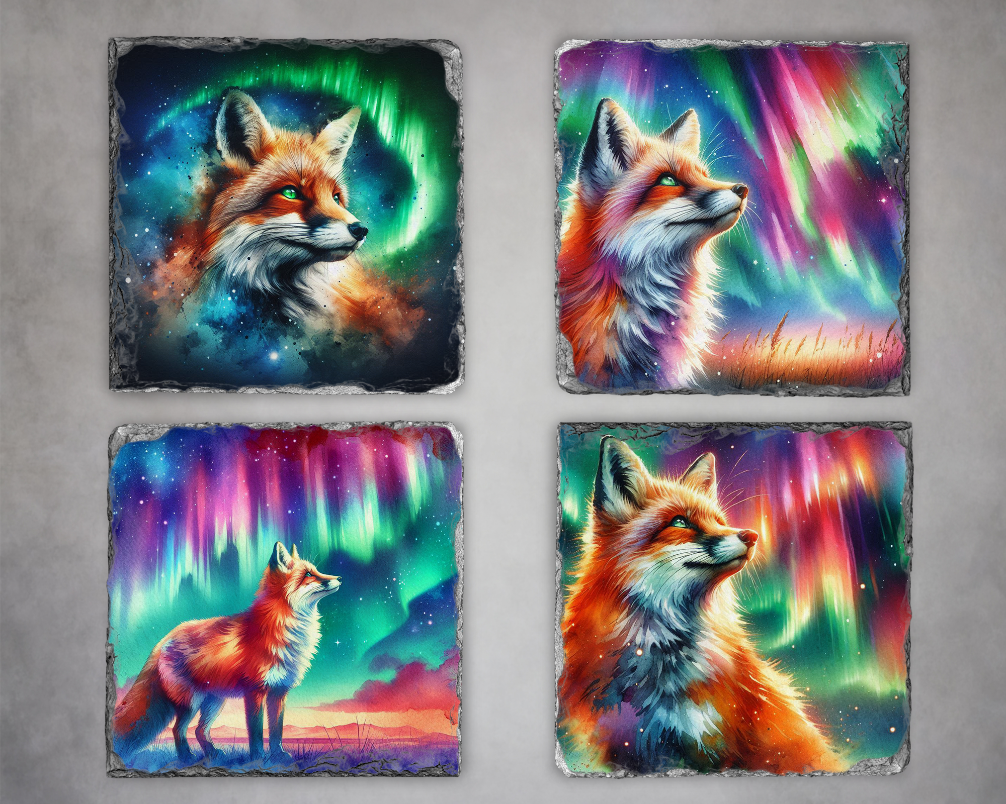Unique Slate Coasters with Fox and Aurora Borealis Art - Set of 4